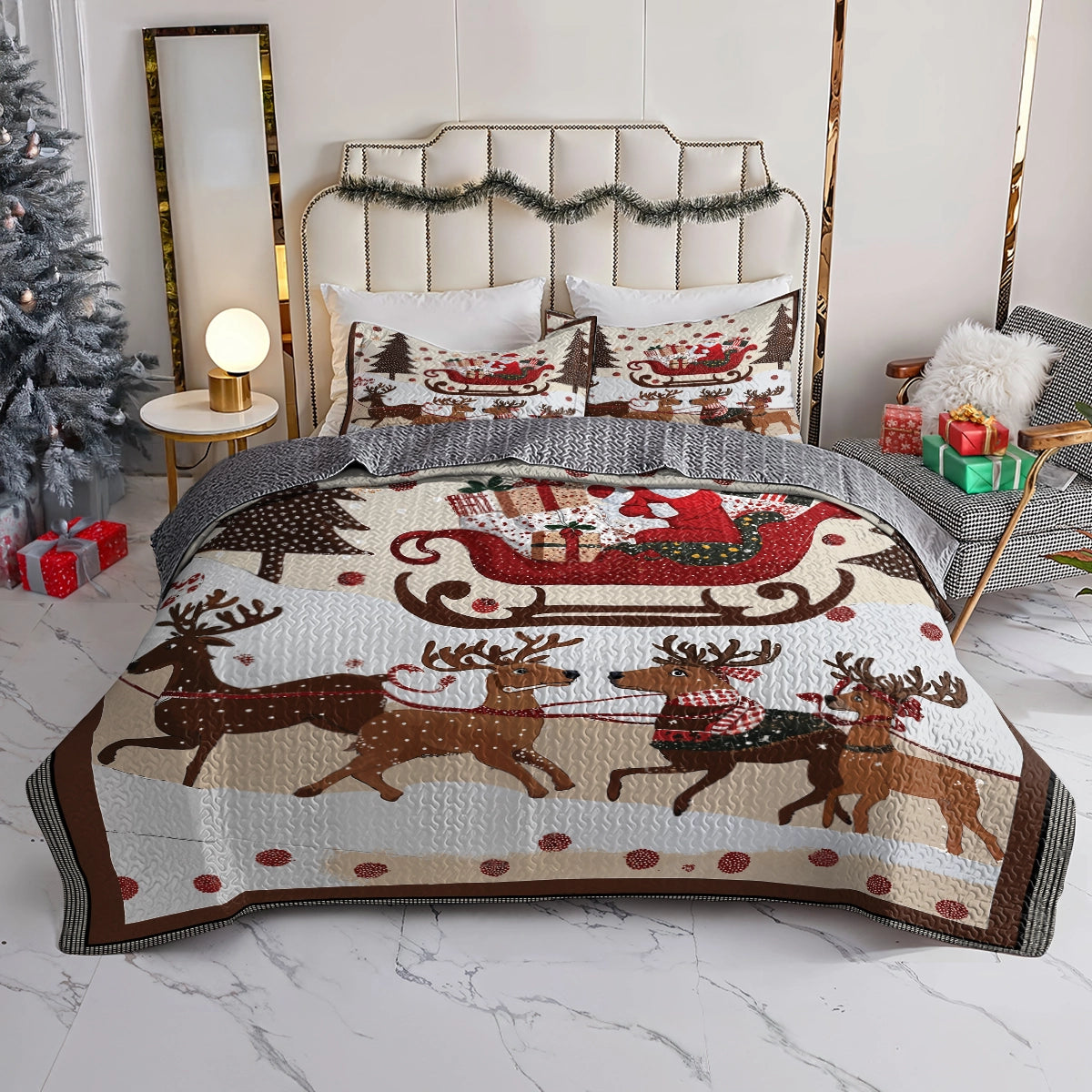 Pajabear Quilt 3-Piece Set Cozy Santa Claus With Reindeer Pulling His Sleigh Full Of Gifts