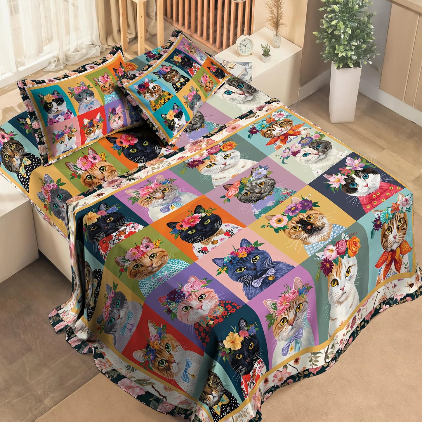 Pajabear 4-Piece Bed Sheet Set Floral Cat Fantasy