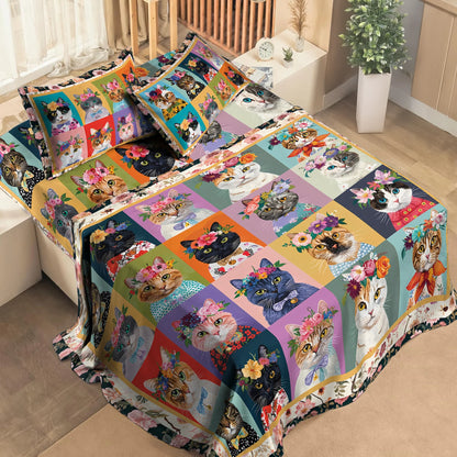 Pajabear 4-Piece Bed Sheet Set Floral Cat Fantasy