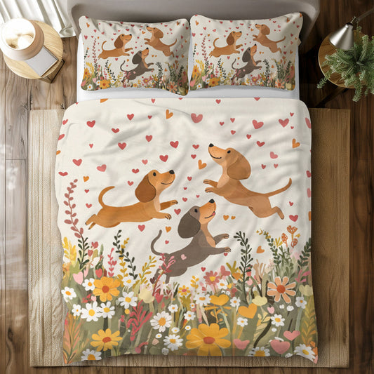 Pajabear 3 Pieces Duvet Cover Set - Floral Dachshund With Heart