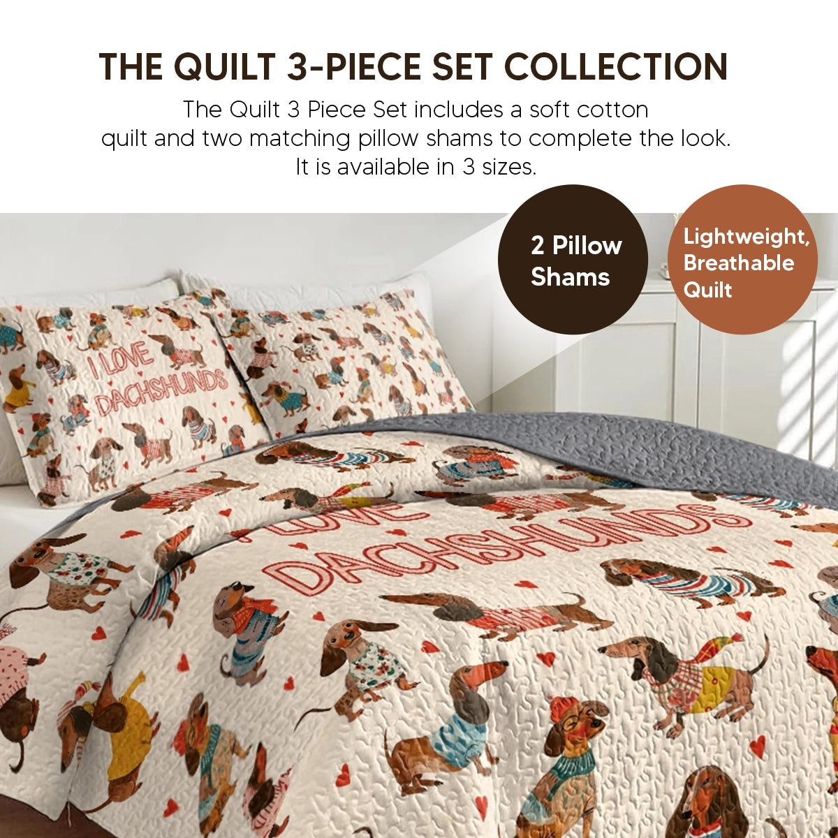 Pajabear Quilt 3-Piece Set Dachshund Lovely Delight