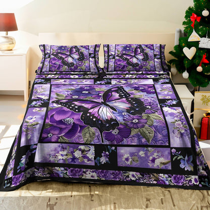 Pajabear 4-Piece Bed Sheet Set Gorgeous Purple Butterfly Flowers