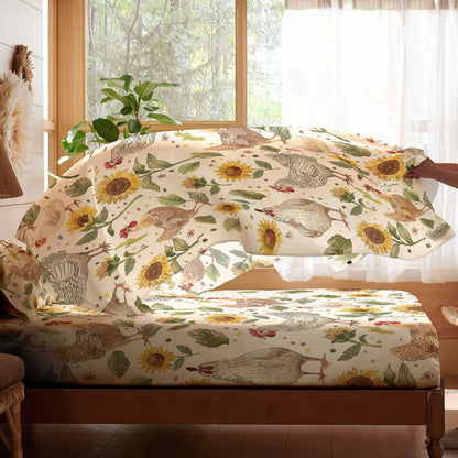 Pajabear 4-Piece Bed Sheet Set Sunflower Chickens