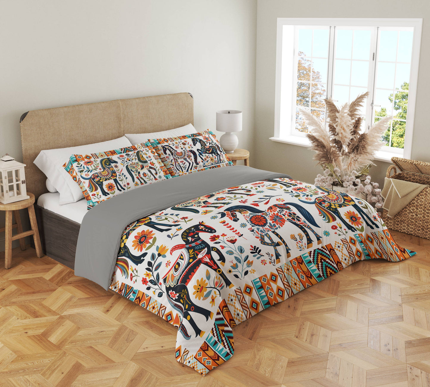 Pajabear 3 Pieces Duvet Cover Set Horse Floral Pattern