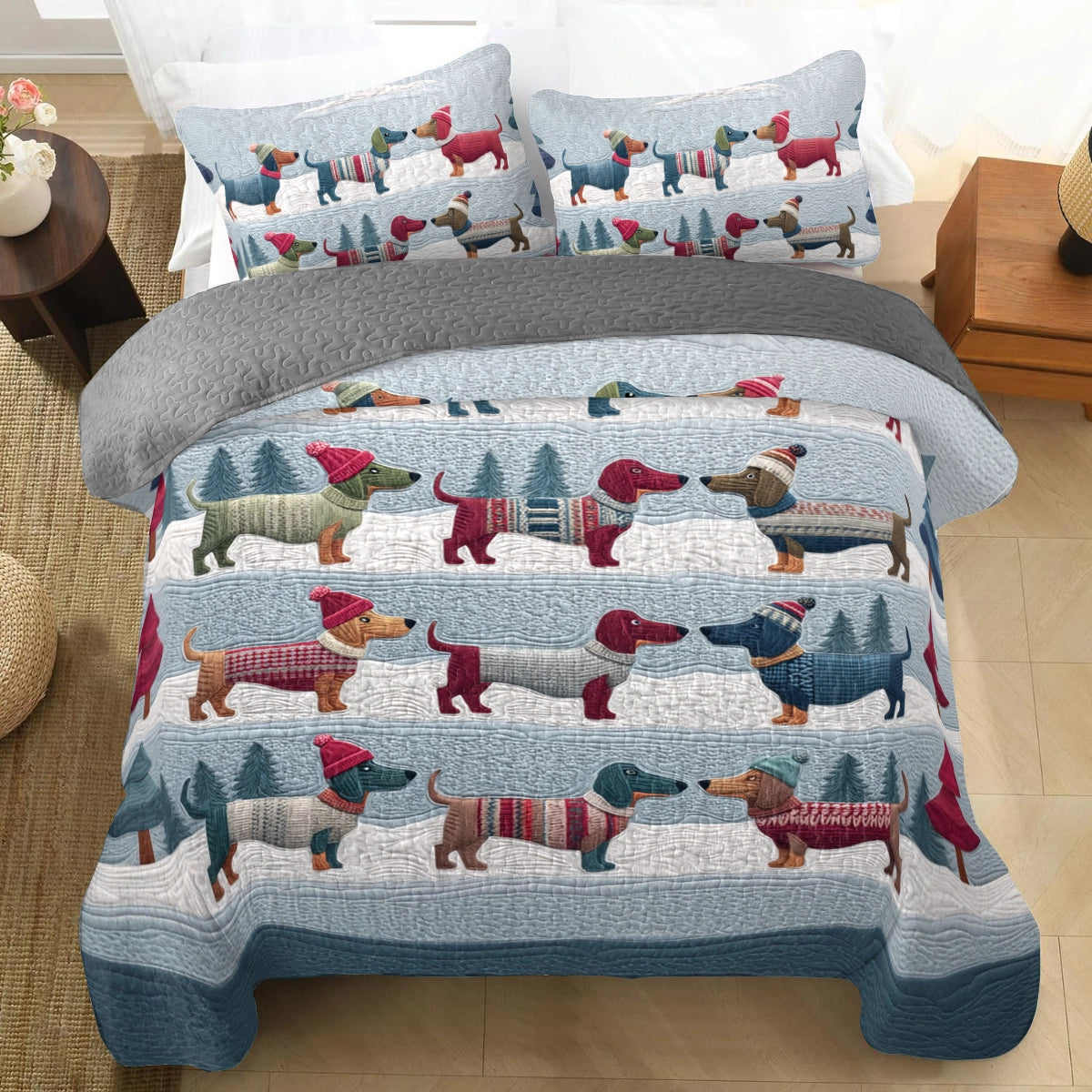 Pajabear Quilt 3-Piece Set Winter Dachshund Parade
