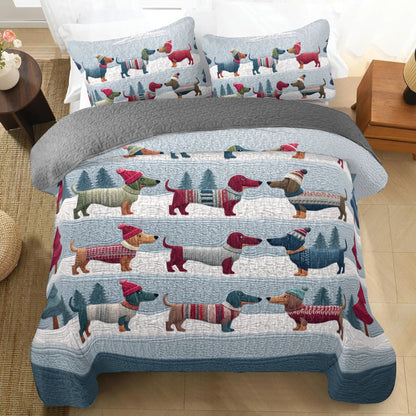 Pajabear Quilt 3-Piece Set Winter Dachshund Parade