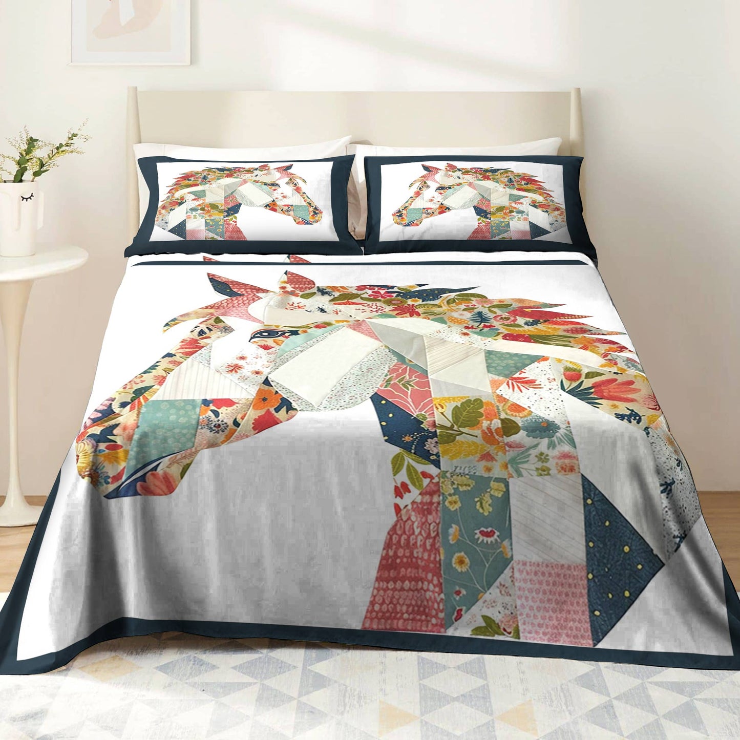 Pajabear 4-Piece Bed Sheet Set Charming Floral Horse