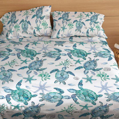 Pajabear 4-Piece Bed Sheet Set - Sea Turtle Blue Flow