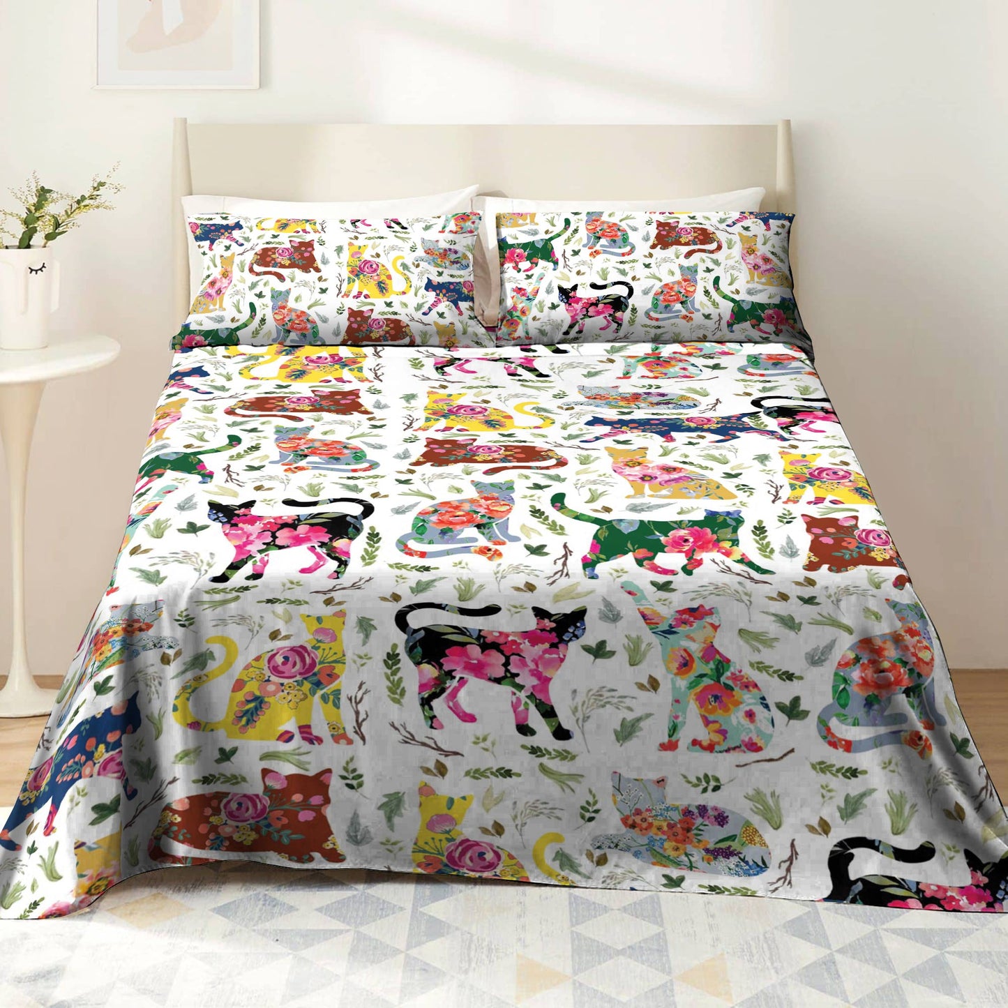 Pajabear 4-Piece Bed Sheet Set Cat Flower