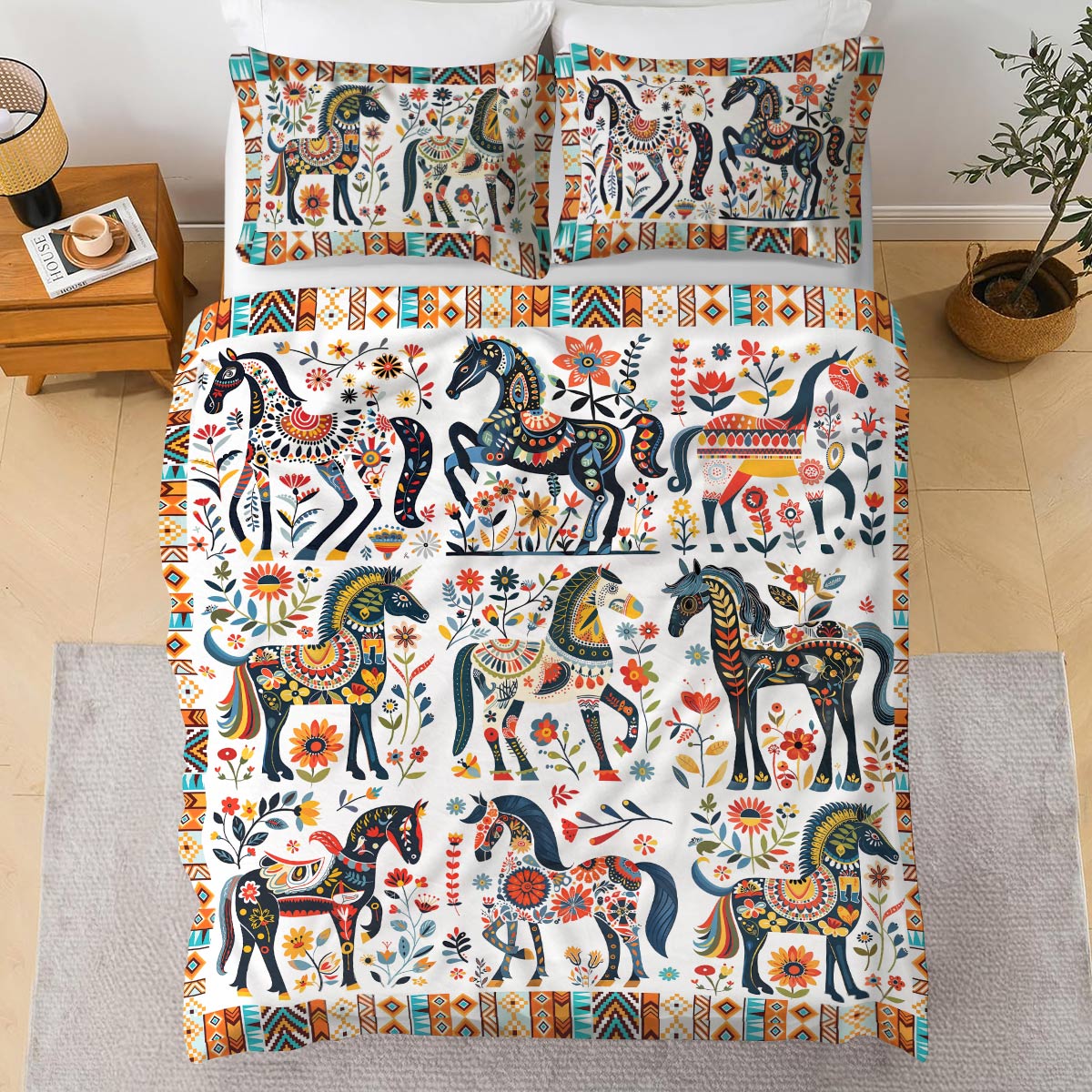 Pajabear 3 Pieces Duvet Cover Set Horse Floral Pattern