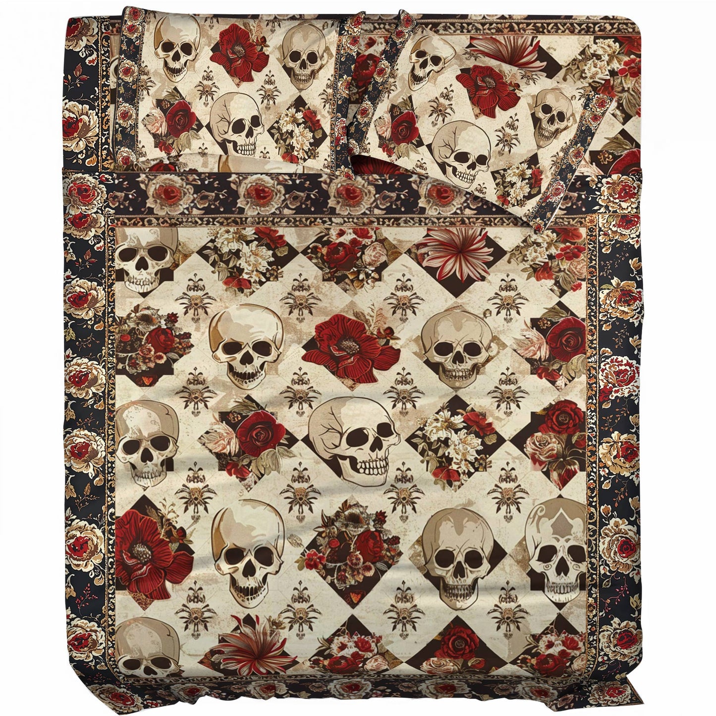 Pajabear 4-Piece Bed Sheet Set Elegent Skull Roses