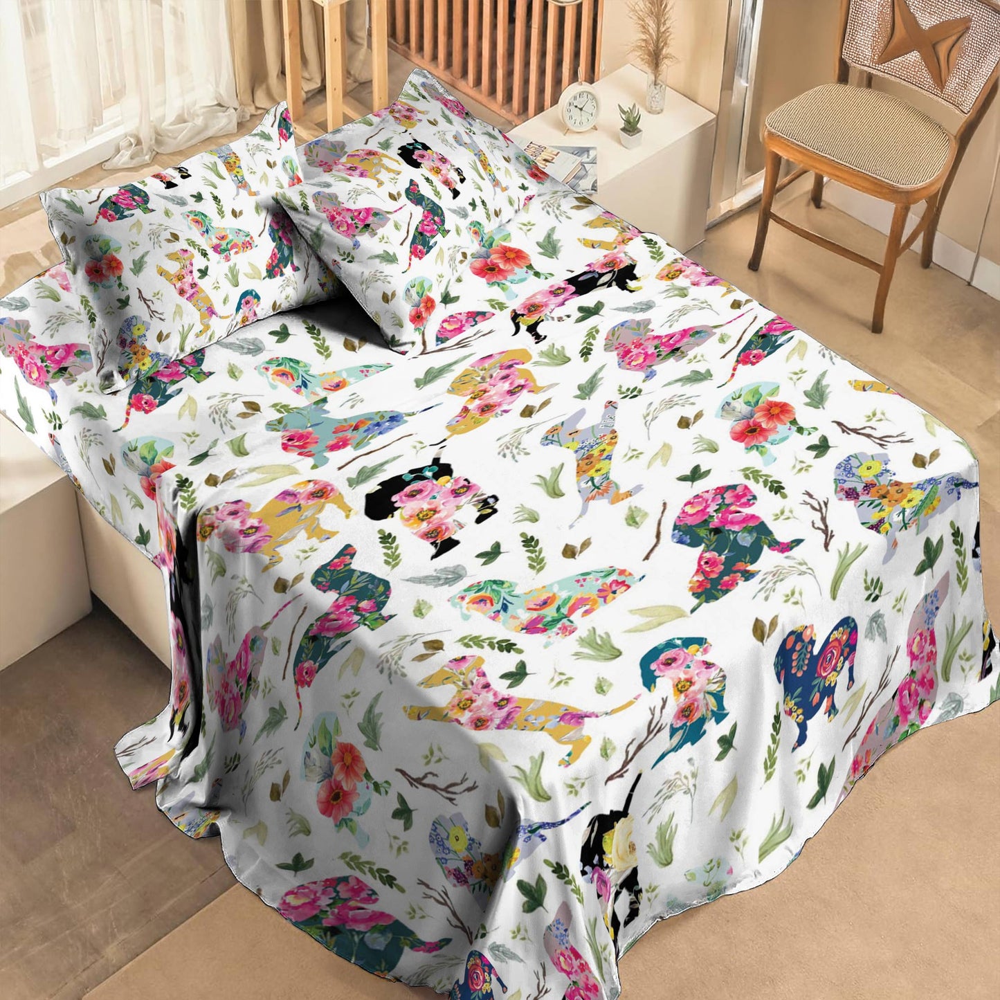 Pajabear 4-Piece Bed Sheet Set Dachshund Flower