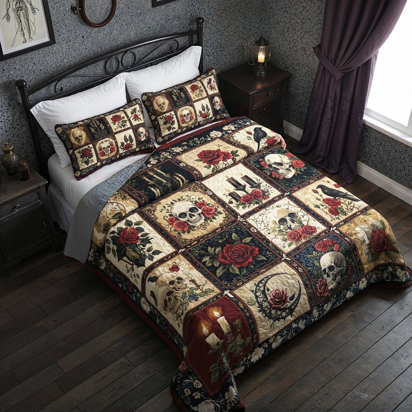 Pajabear Quilt 3-Piece Set Victorian Skull