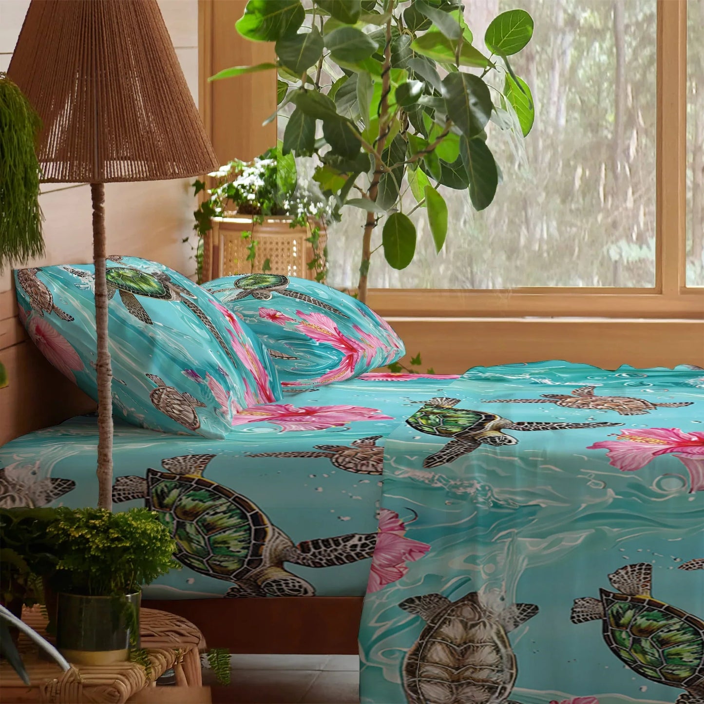 Pajabear 4-Piece Bed Sheet Set - Sea Turtle Hibiscus