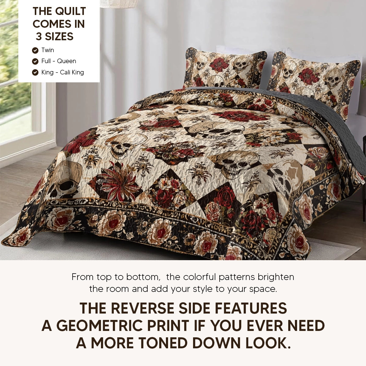 Pajabear Quilt 3-Piece Set Elegent Skull Roses