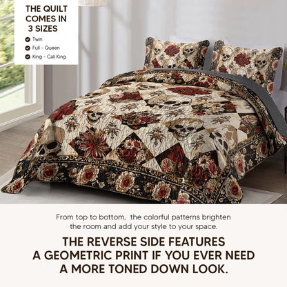 Pajabear Quilt 3-Piece Set Elegent Skull Roses