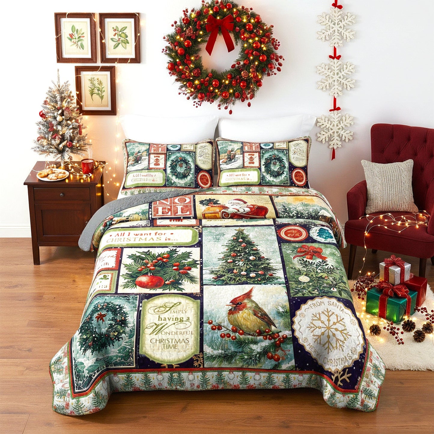 Pajabear Quilt 3-Piece Set Golden Nostalgic Noel Patchwork