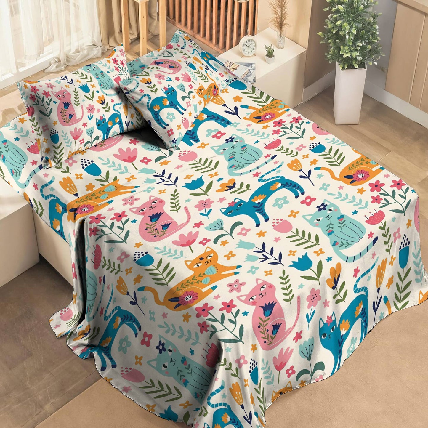 Pajabear 4-Piece Bed Sheet Set Floral Cats