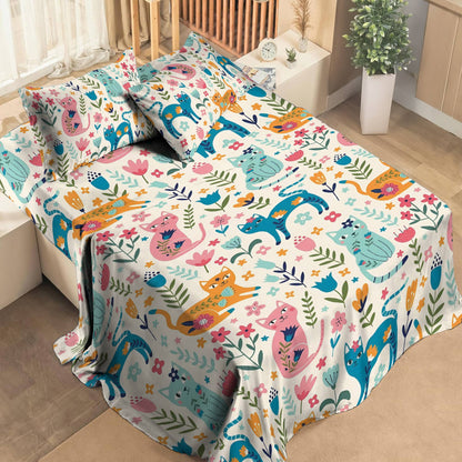Pajabear 4-Piece Bed Sheet Set Floral Cats