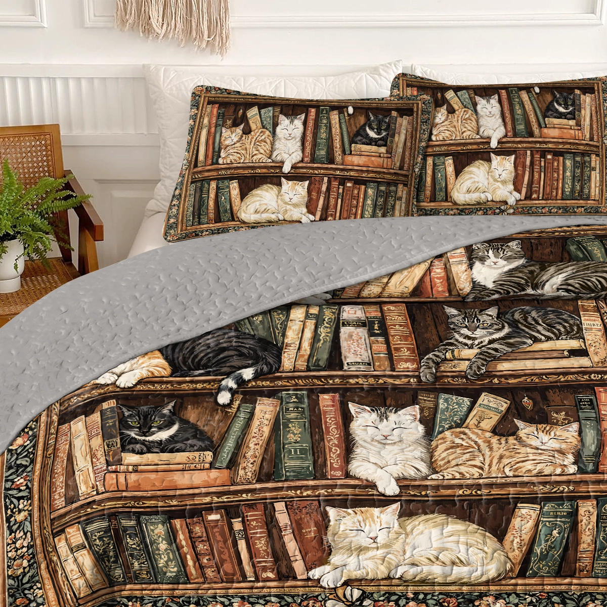 Pajabear Quilt 3-Piece Set Book Nook Cats Reading