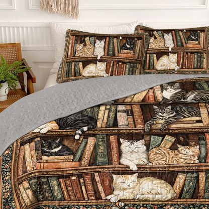 Pajabear Quilt 3-Piece Set Book Nook Cats Reading