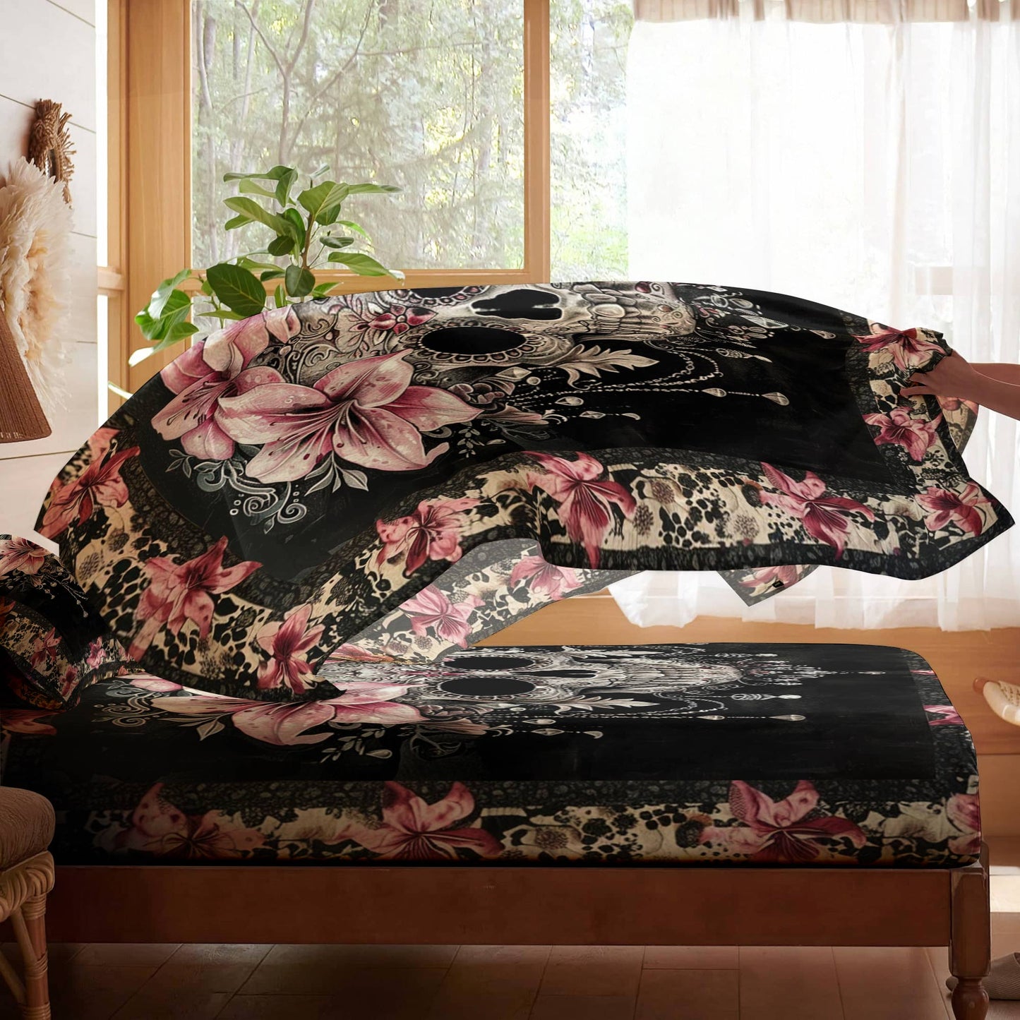 Pajabear 4-Piece Bed Sheet Set Faith Love Skull With Lilies