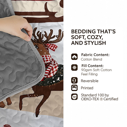 Pajabear Quilt 3-Piece Set Cozy Santa Claus With Reindeer Pulling His Sleigh Full Of Gifts