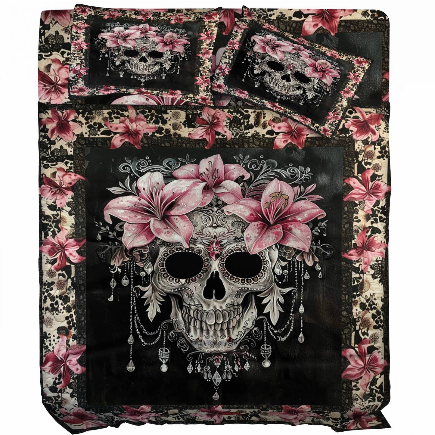 Pajabear 4-Piece Bed Sheet Set Faith Love Skull With Lilies