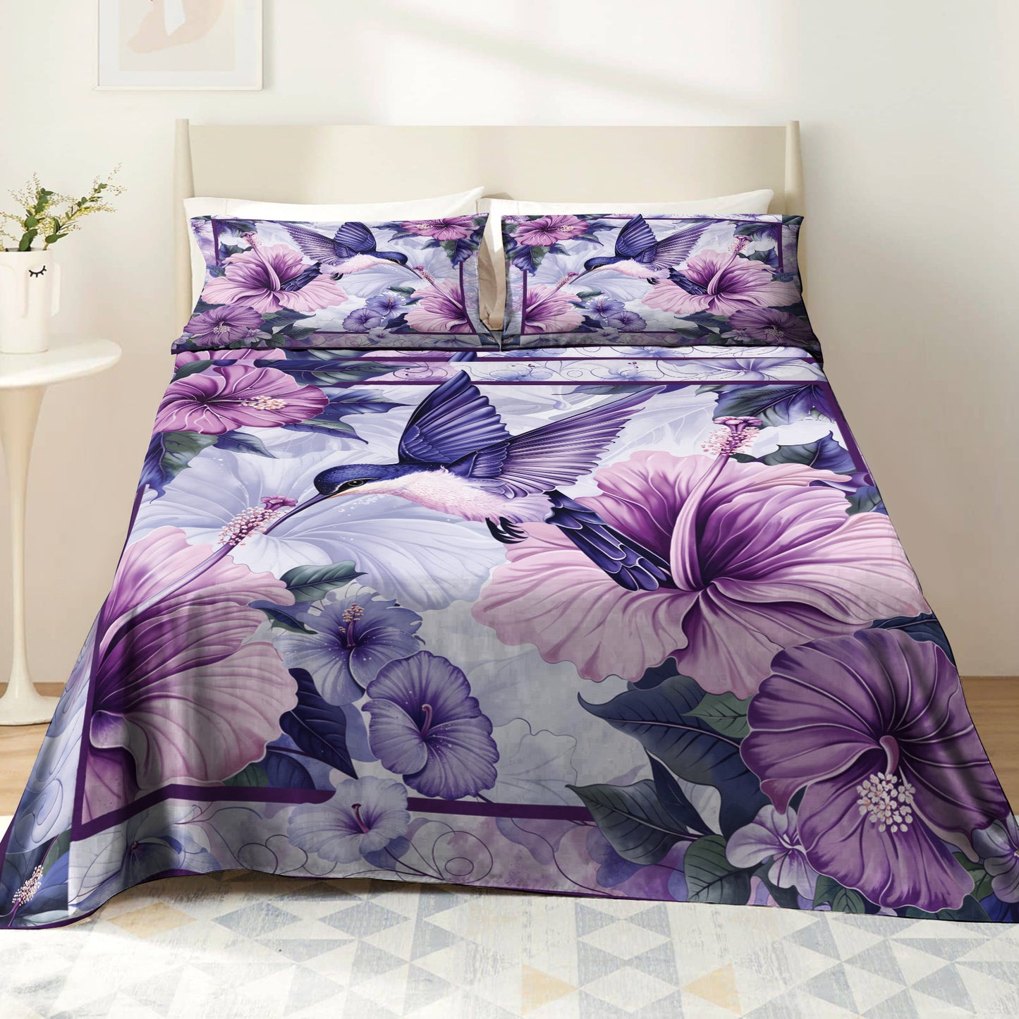 Pajabear 4-Piece Bed Sheet Set Hummingbird With Hibicus Flowers