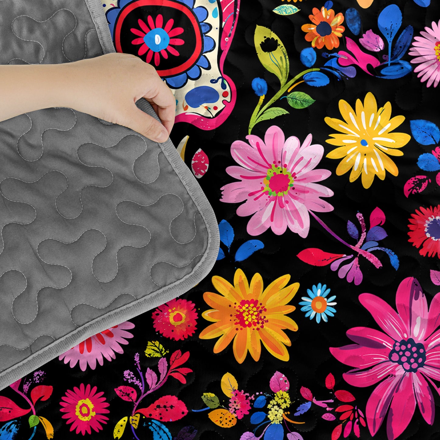 Pajabear Quilt 3-Piece Set Vibrant Skull Floral