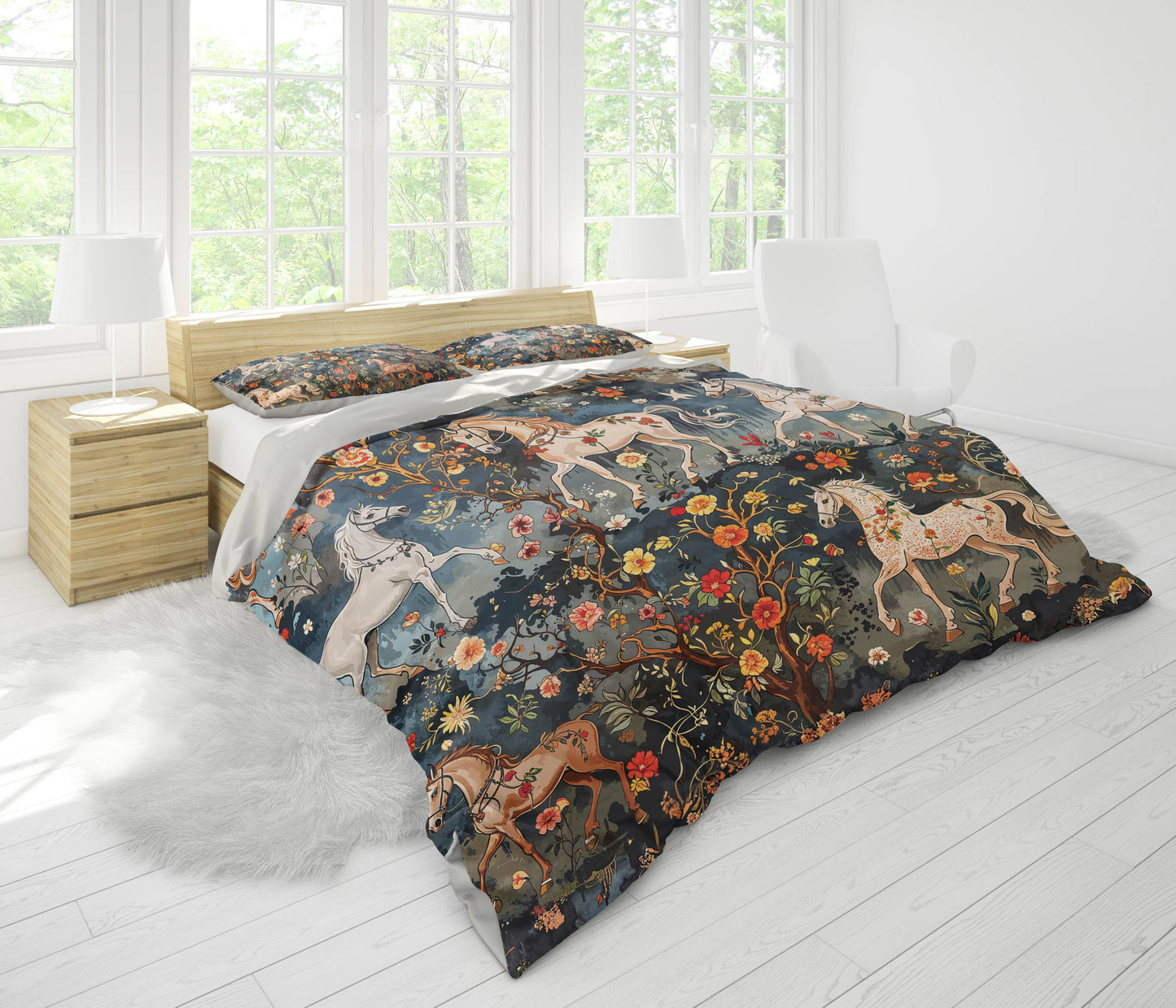 Pajabear 3 Pieces Duvet Cover Set Mystery Horses