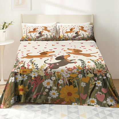Pajabear 4-Piece Bed Sheet Set Floral Dachshund With Heart