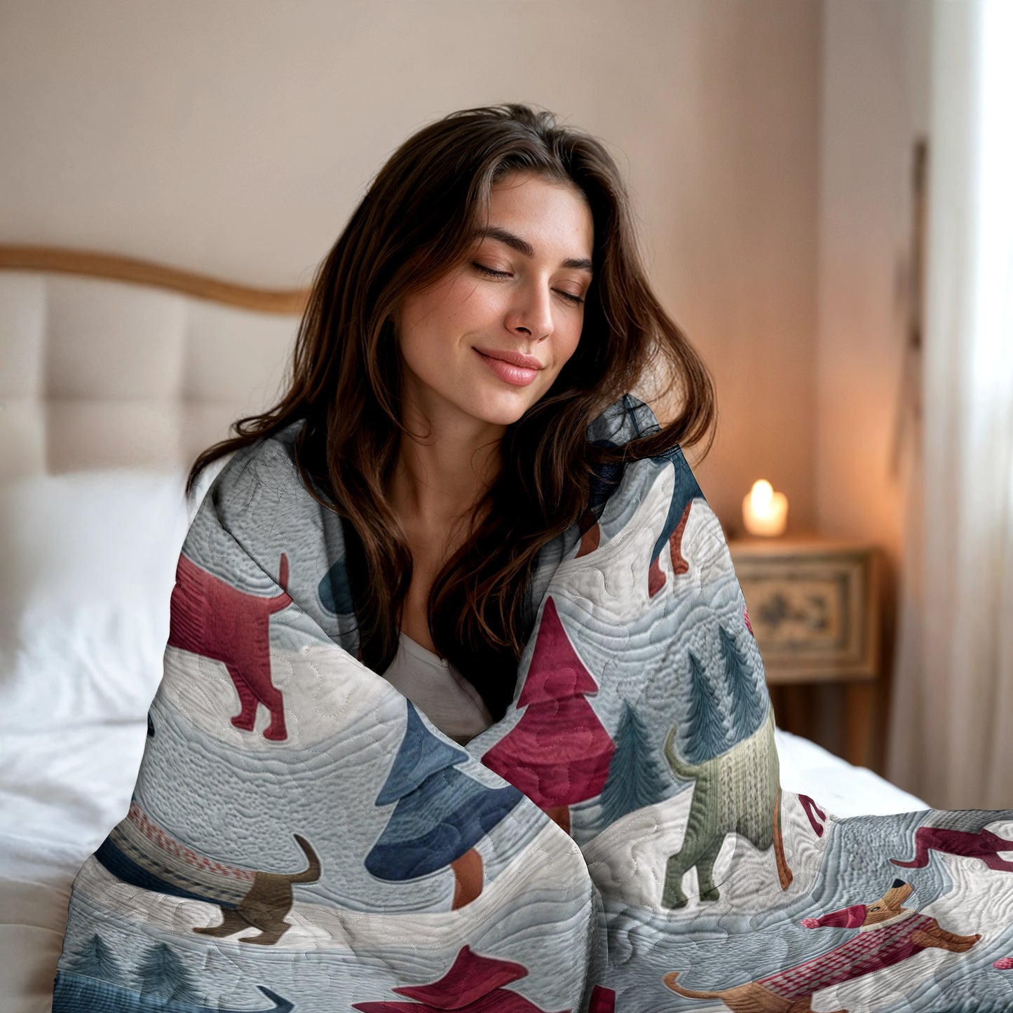 Pajabear Quilt 3-Piece Set Winter Dachshund Parade