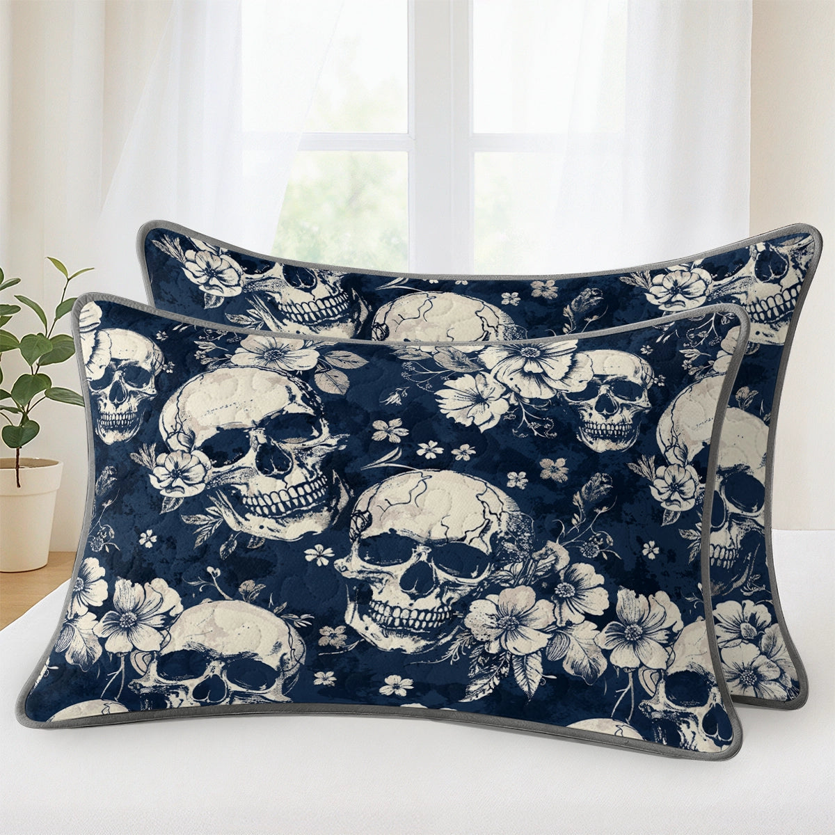 Pajabear Quilt 3-Piece Set Midnight Skull Blooms