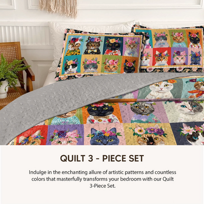 Pajabear Quilt 3-Piece Set Floral Cat Fantasy