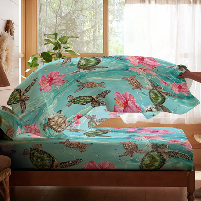 Pajabear 4-Piece Bed Sheet Set - Sea Turtle Hibiscus