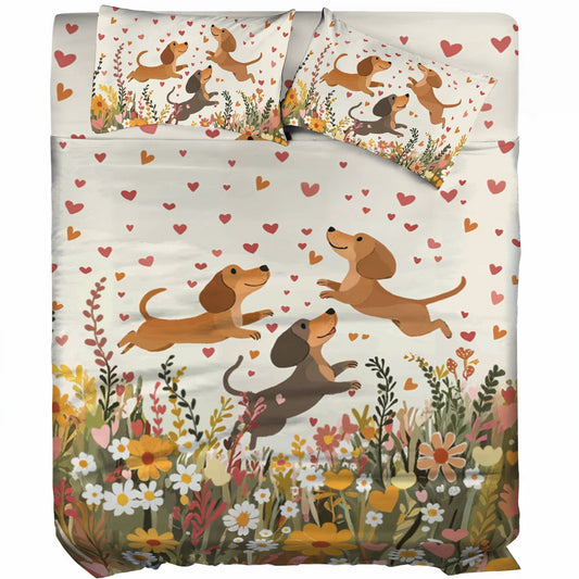 Pajabear 4-Piece Bed Sheet Set Floral Dachshund With Heart