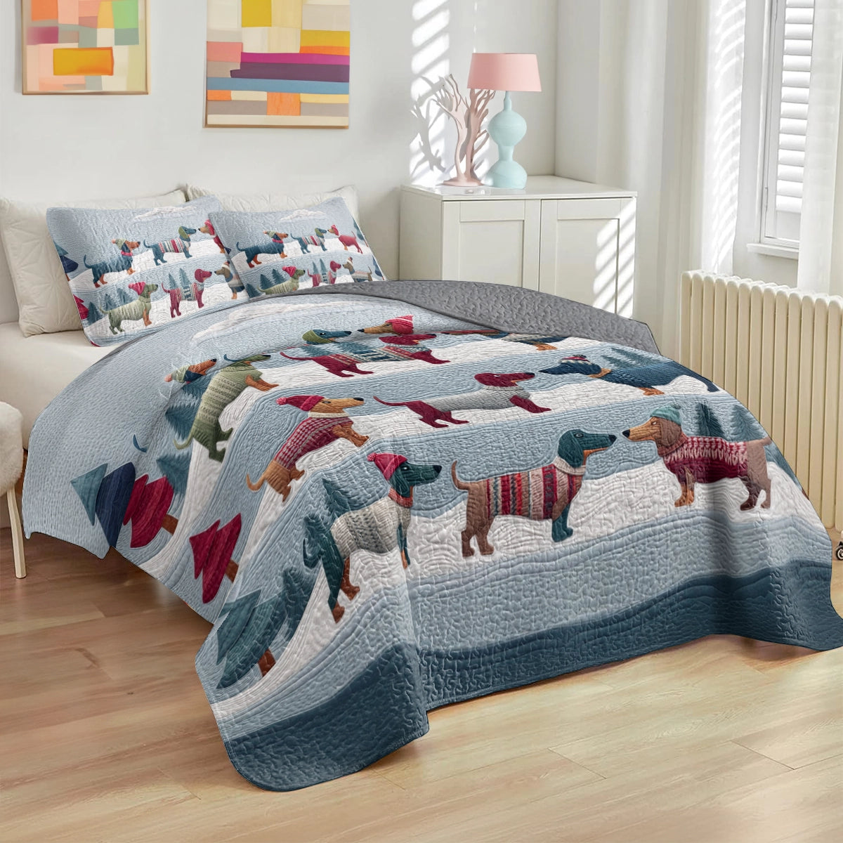 Pajabear Quilt 3-Piece Set Winter Dachshund Parade