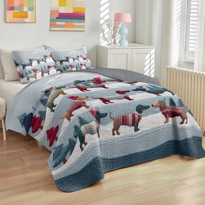 Pajabear Quilt 3-Piece Set Winter Dachshund Parade