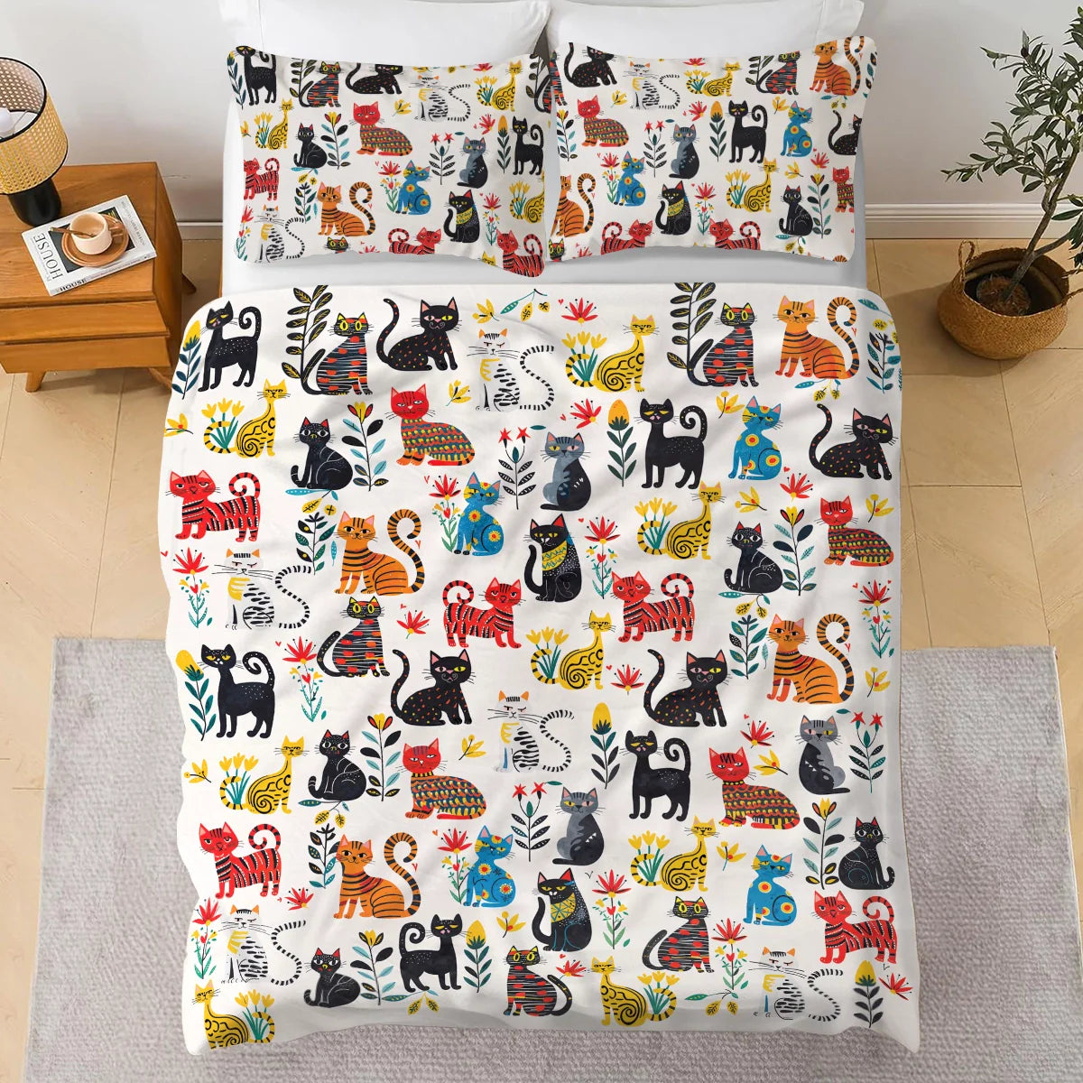 Pajabear 3 Pieces Duvet Cover Set Cute Whimsical Cat
