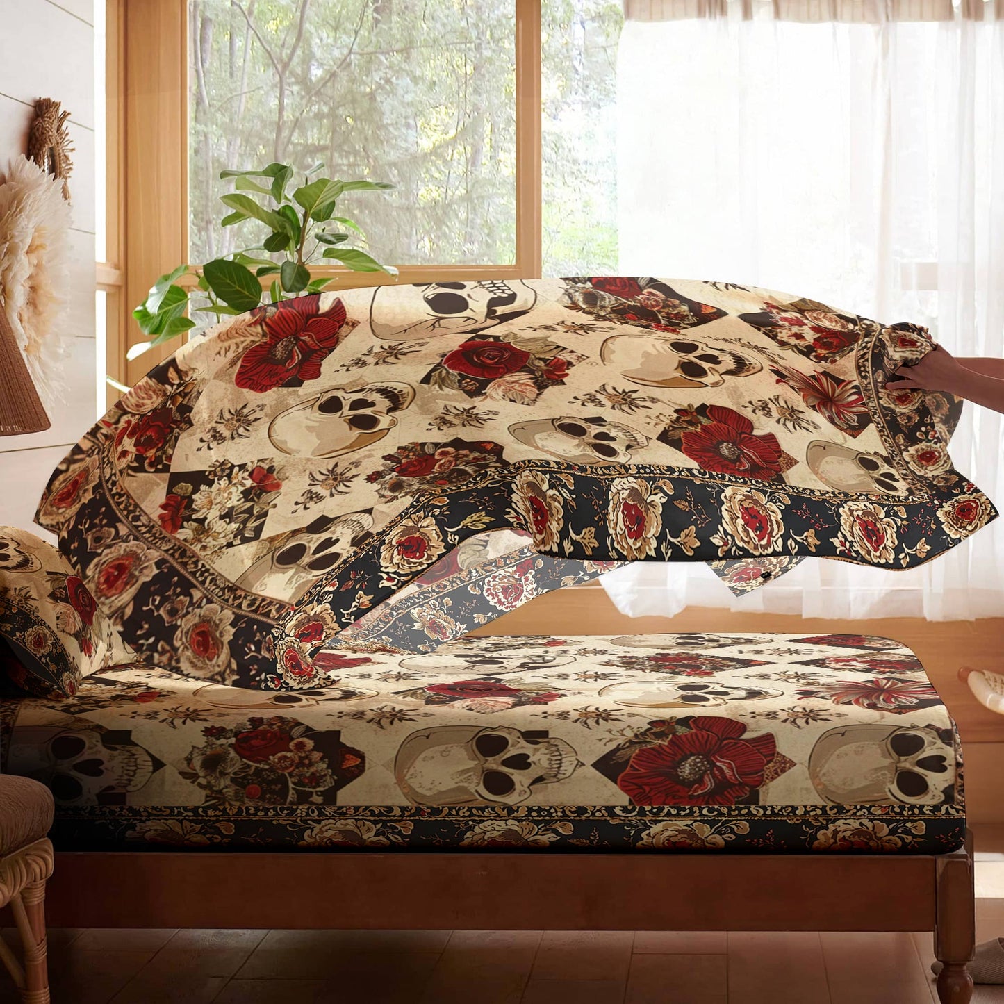 Pajabear 4-Piece Bed Sheet Set Elegent Skull Roses