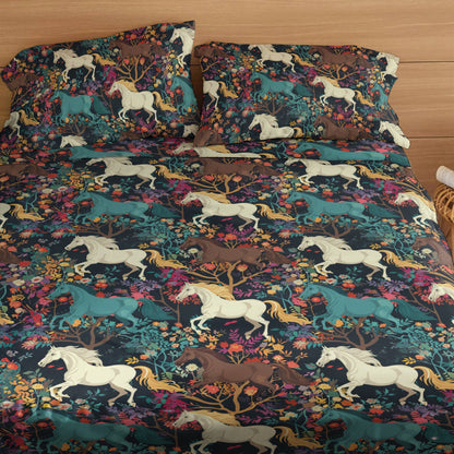 Pajabear 4-Piece Bed Sheet Set Horse Floral