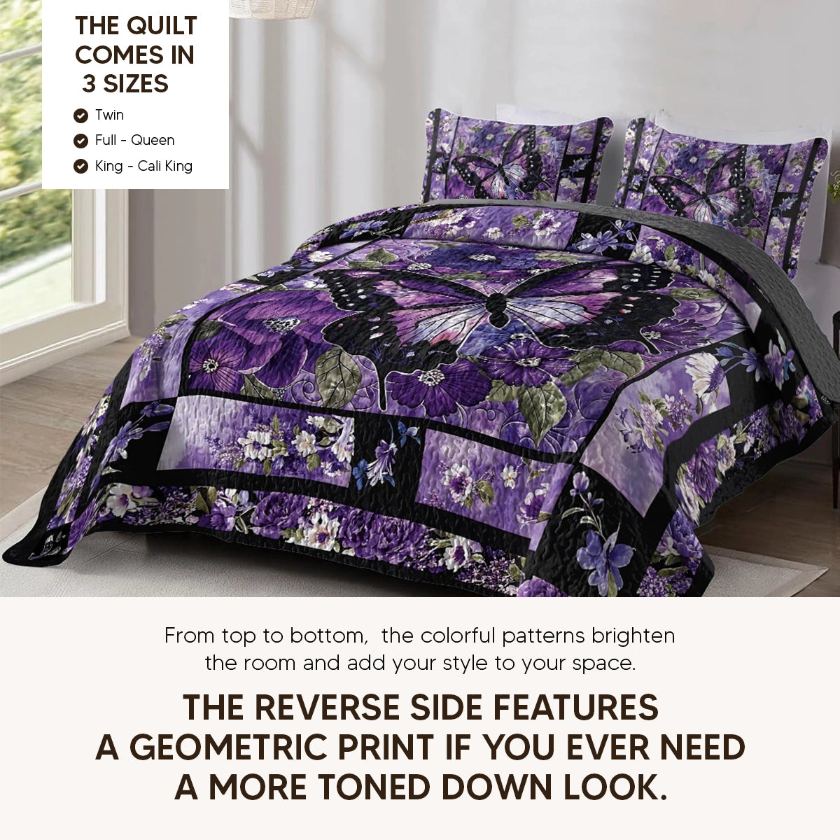 Pajabear Quilt 3-Piece Set Gorgeous Purple Butterfly Flowers