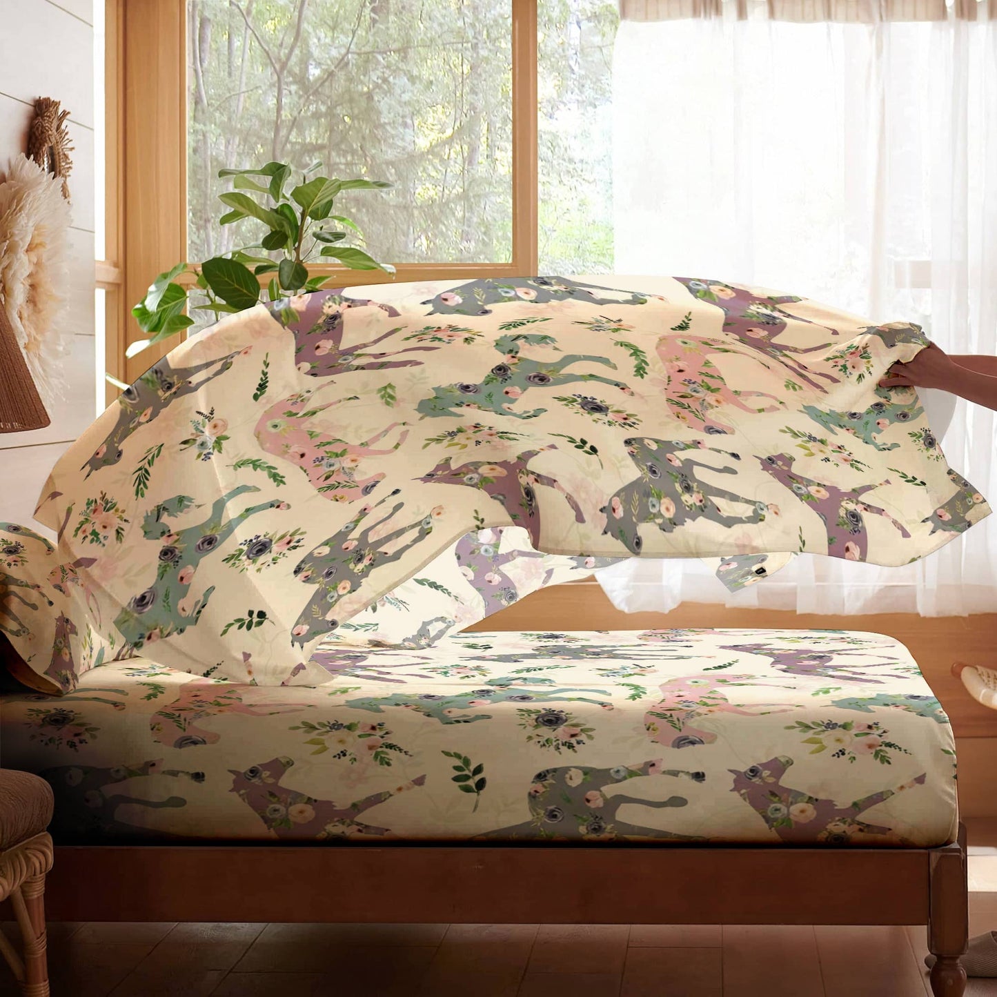 Pajabear 4-Piece Bed Sheet Set Floral Horses