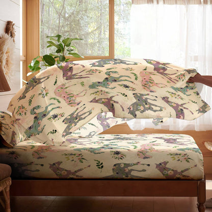 Pajabear 4-Piece Bed Sheet Set Floral Horses