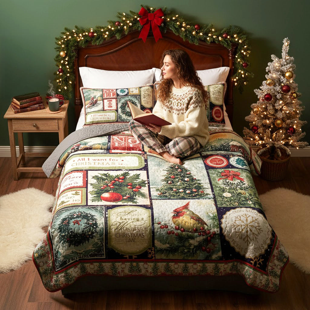 Pajabear Quilt 3-Piece Set Golden Nostalgic Noel Patchwork