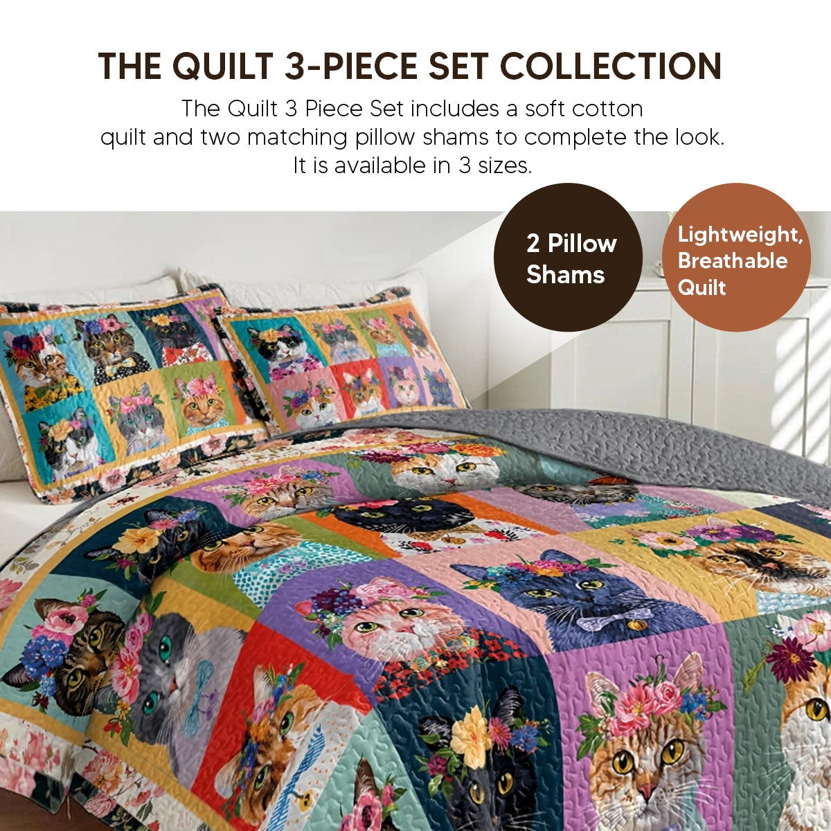 Pajabear Quilt 3-Piece Set Floral Cat Fantasy