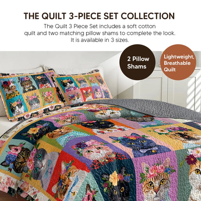 Pajabear Quilt 3-Piece Set Floral Cat Fantasy
