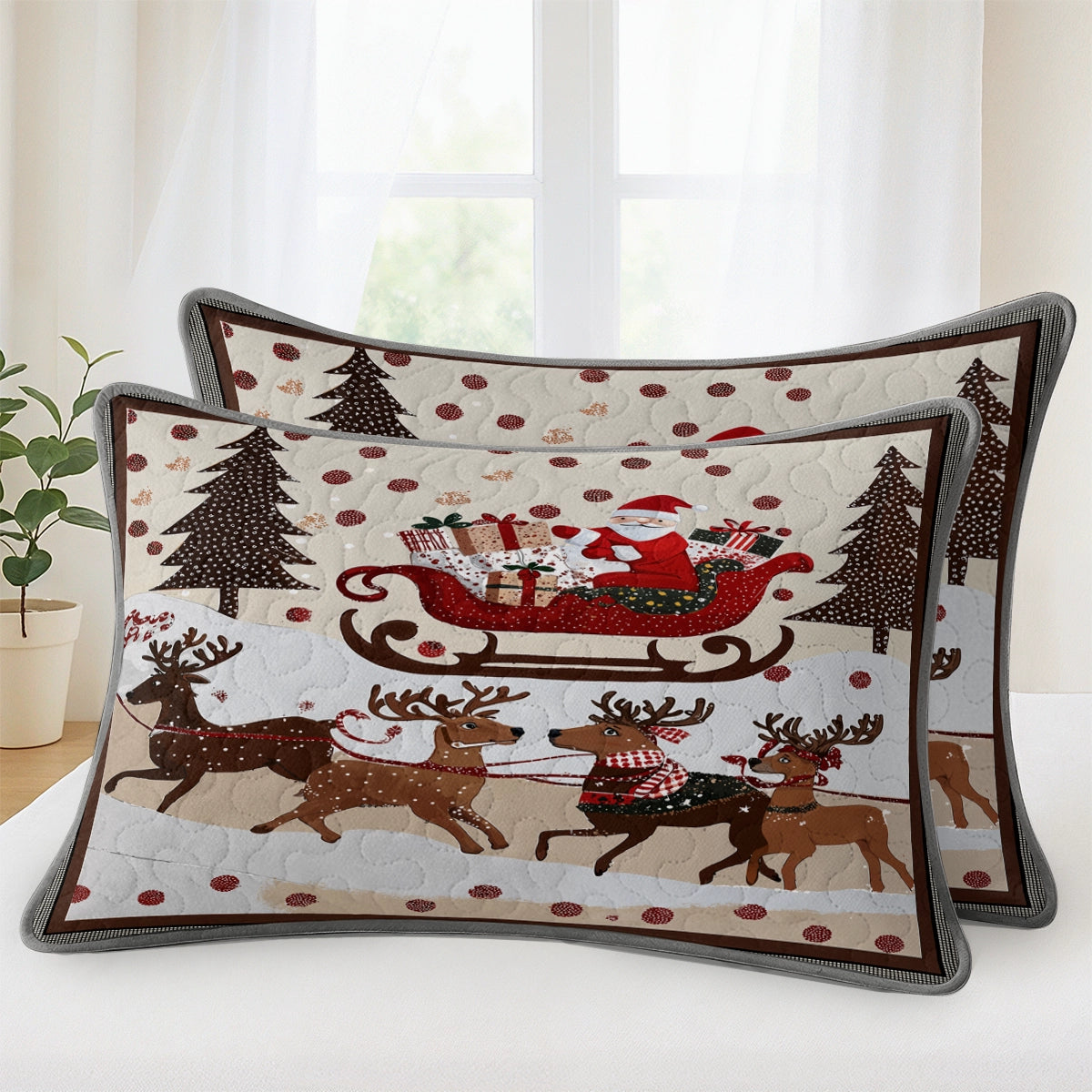Pajabear Quilt 3-Piece Set Cozy Santa Claus With Reindeer Pulling His Sleigh Full Of Gifts