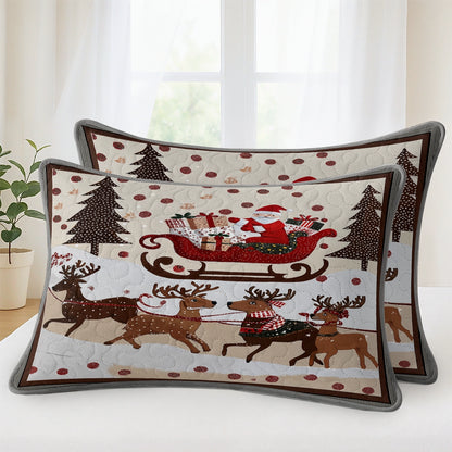 Pajabear Quilt 3-Piece Set Cozy Santa Claus With Reindeer Pulling His Sleigh Full Of Gifts
